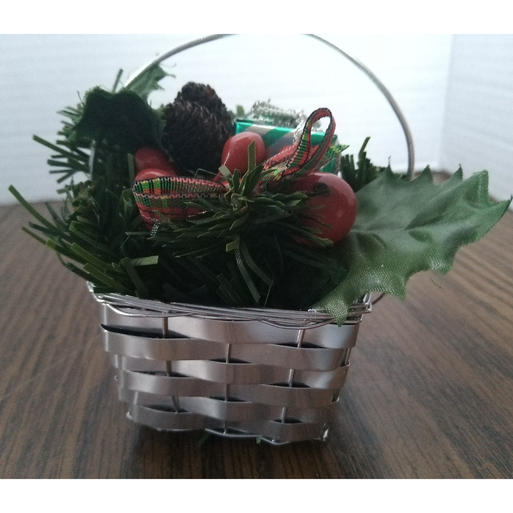 Tin Silver Christmas Basket Ornament